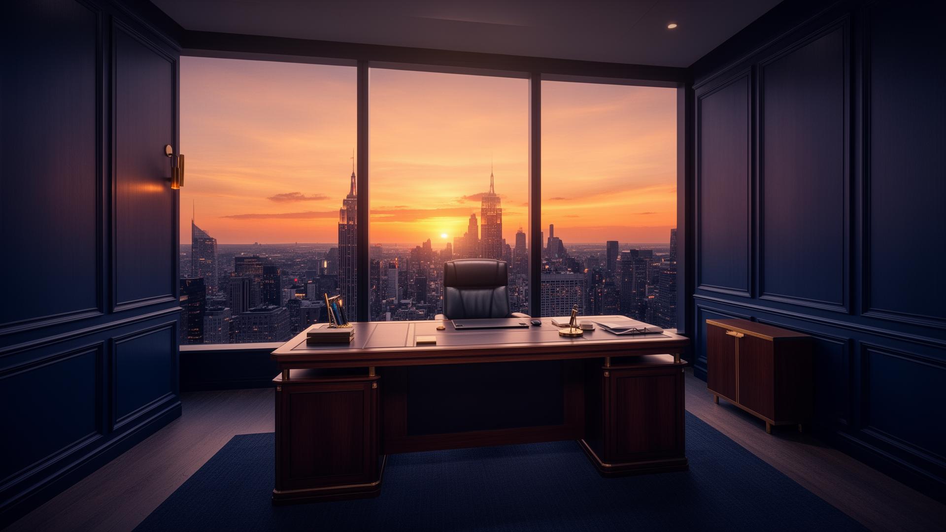 Escritório executivo com vista panorâmica ao pôr do sol